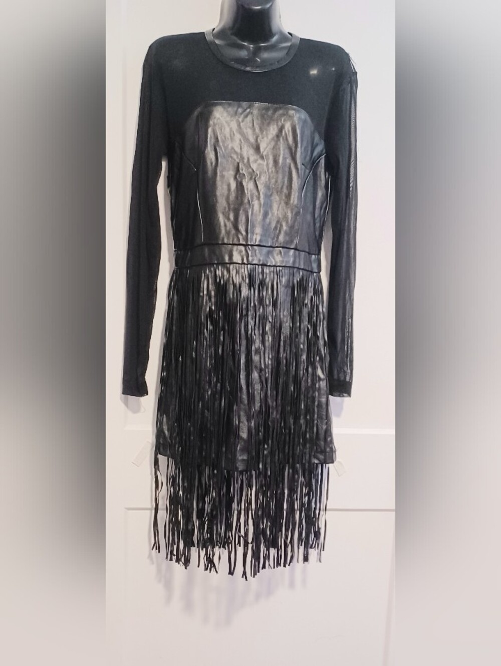 HAODUOYI Black Faux Leather Fringe Midi Dress